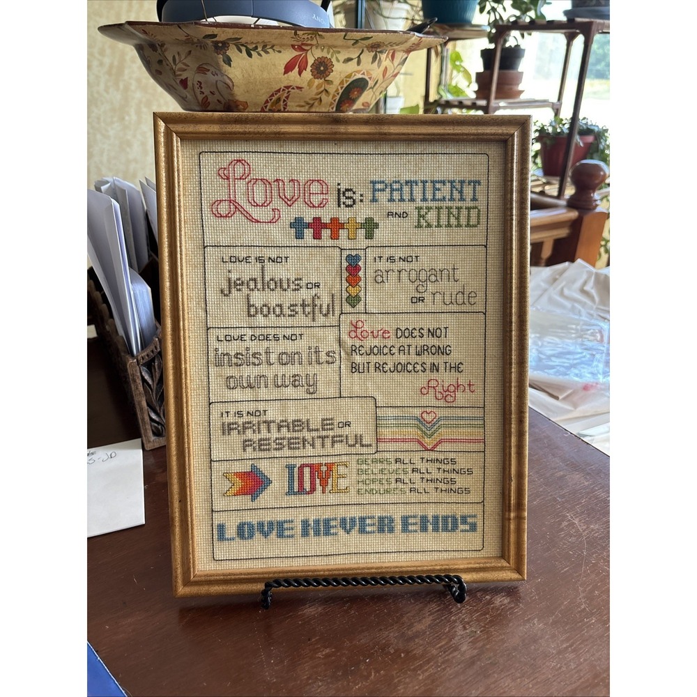Framed Cross Stitch Wall Decor "Love Is Patient Love Is Kind"